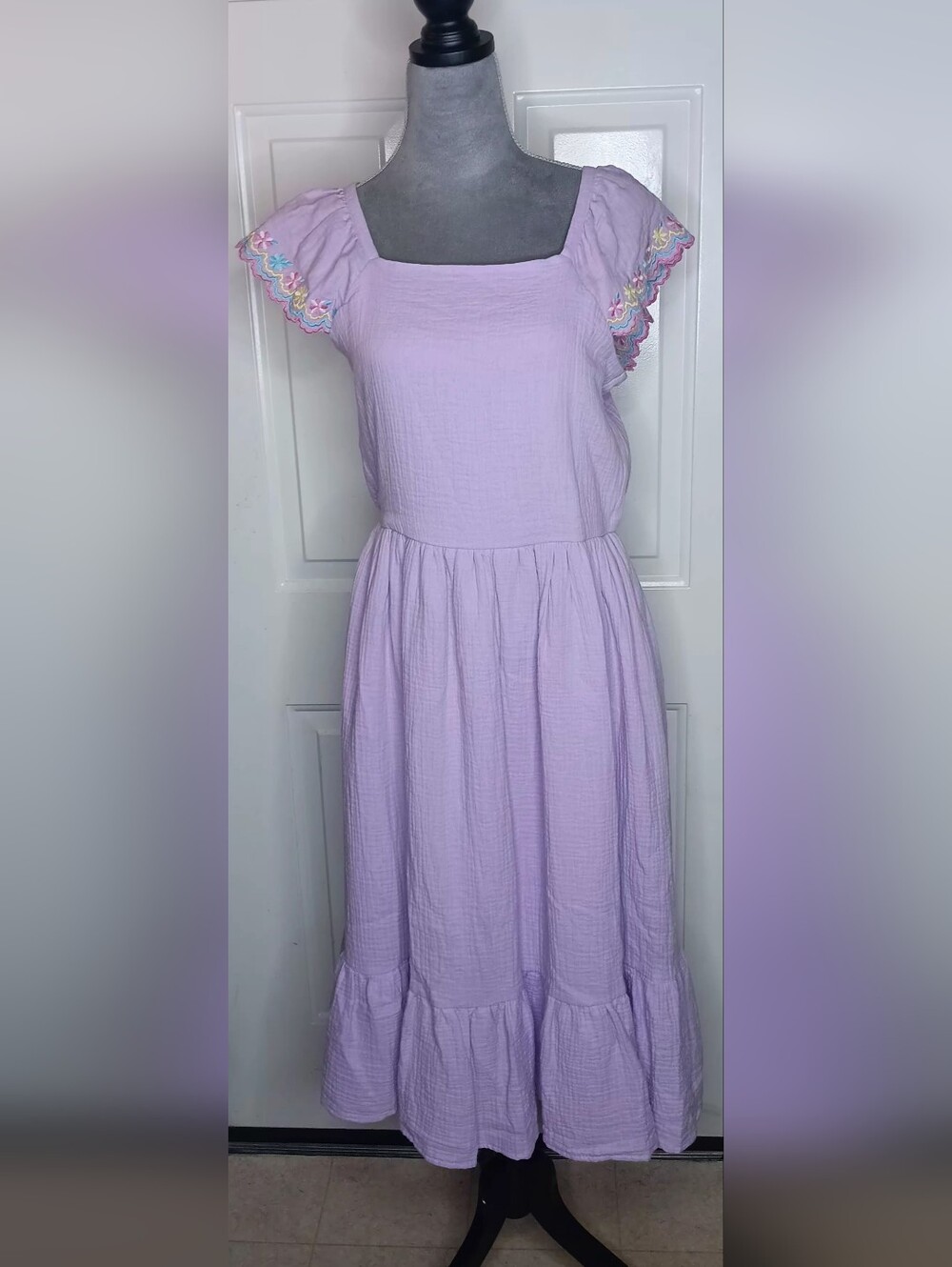 Blueberry Boulevard Lilac Square-Neck Midi Dress with Embroidered Ruffle Sleeves